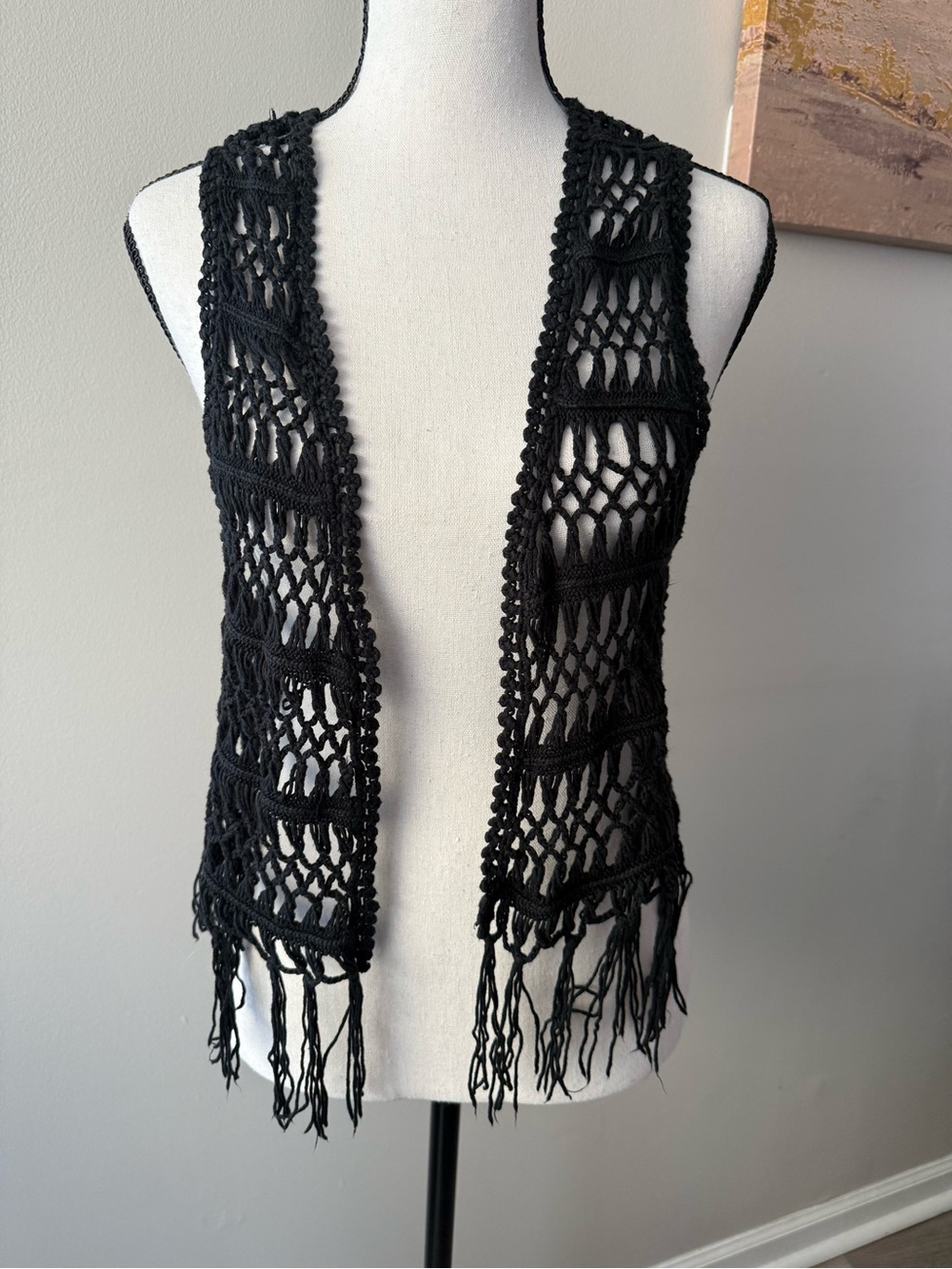 Xhilaration Black Crochet Fringe Open Front Vest | Boho Layer | Size Large